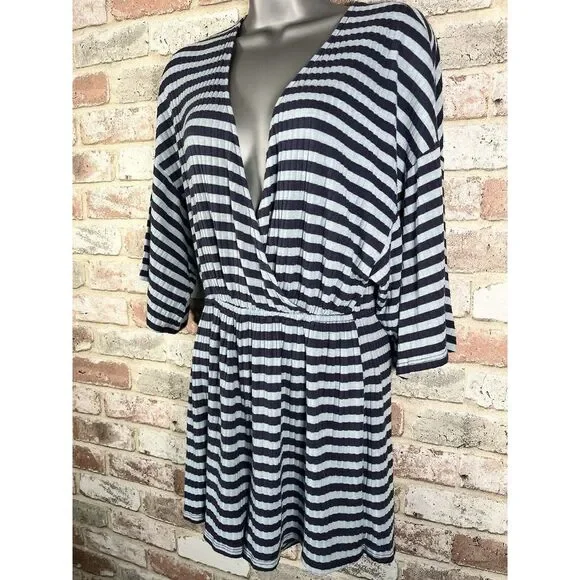 Urban Outfitters Ribbed Knit Surplice Romper Light Blue Striped‎ Summer Beach M - Picture 4 of 12